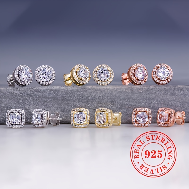 925 Silver CZ Stud Earrings Round & Square Design